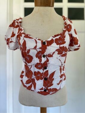 Linen Rust Floral Puff-Sleeve Button-Front Women’s Top